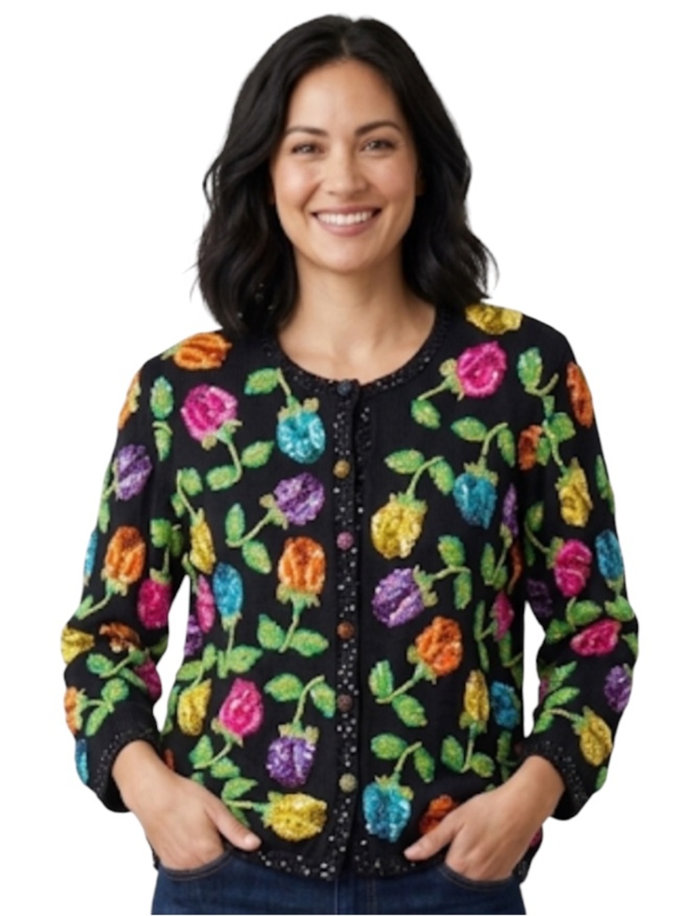 Vintage Just B Sequin Beaded Floral Cardigan Sweater Black Knit Size S
K